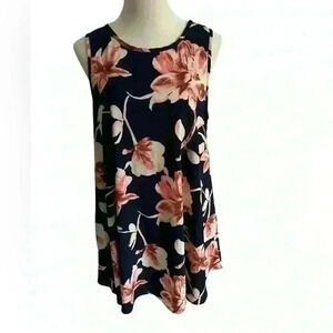 42 Pops Dress Size Large Navy Blue and Pink Coral Floral Lightweight Pockets